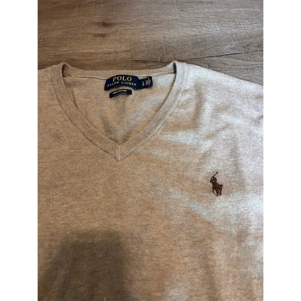 Polo Ralph Lauren Sweater Mens Pima Cotton L Beige V-Neck Pullover Pony Logo